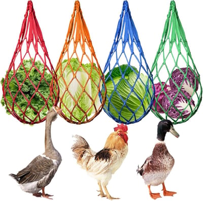 Set van 4 Stuks 60cm Voedernetten voor Pluimvee, Kleurige Nylon Netten voor Kippen, Eenden, Ganzen en Vogels, Ideaal voor Voeding en Speelgoed Accessoires