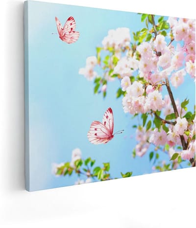 Artaza Canvas Schilderij Bloesem Met Vlinders - 50x40 cm - Wanddecoratie Woonkamer - Muurdecoratie Bloemen - Kamer Accessoires