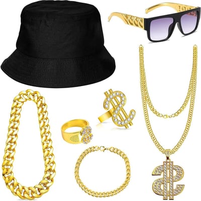 Complete Set van 7 Stuks Kostuums voor Mannen in 70s, 80s en 90s Stijl met Dollar Ketting, Zonnebril en Vissershoed voor Carnaval en Themafeesten