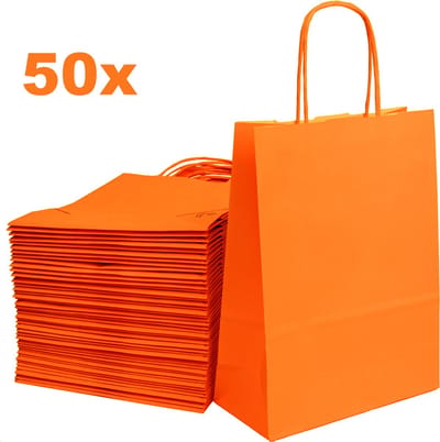 ArtiPack Kraft Papieren Tasjes Oranje – 18x8x24 cm – Oranje Cadeautasjes A5+ – 50 Stuks