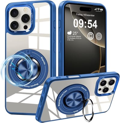 Magsafe Hoesje Geschikt voor iPhone 16 Pro Max hoesje Blauw Transparant - Met kickstand Draaibare Ring Houder
