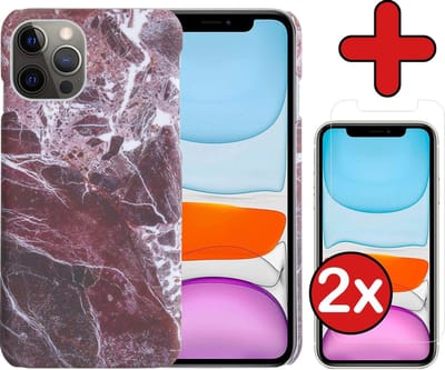 Hoesje Geschikt voor iPhone 11 Pro Hoesje Marmer Hardcover Fashion Case Hoes Met 2x Screenprotector - Hoes Geschikt voor iPhone 11 Pro Marmer Hoesje Hardcase Back Cover - Rood