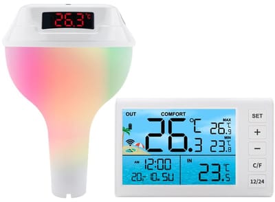Zwembadthermometer Drijvend - Waterthermometer Digitaal - Water Temperatuur Meten - RGB Sfeerverlichting - 100 cm Bereik - Wit