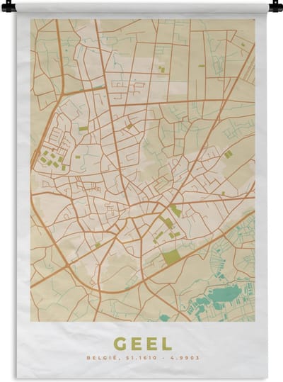 Wandkleed - Wanddoek - Stadskaart - Vintage - Plattegrond - Kaart - Geel - 120x180 cm - Wandtapijt
