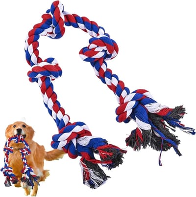 Hondentouw Speelgoed - Kauwspeelgoed Puppy - Interactief Spelen - Duurzaam Katoen - 28cm Lengte - Rood Wit Blauw