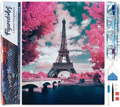 Figured'Art Diamond Painting set Volwassenen 40x50 cm Eiffeltoren en bloemen - 5D DIY Art full drill vierkante diamant - Opgerold canvas