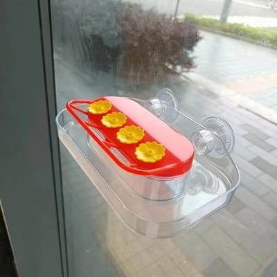 4-Station Kolibrie Voederhuisje met Rode Basis en Gele Bloemen - Zuignap Ontwerp, Plastic, Geen Elektriciteit Nodig, Perfect voor Binnen of Buiten Gebruik gray