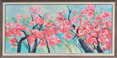 Fine Asianliving Olieverf Schilderij 100% Handgeschilderd 3D met Reliëf Effect en Houten Omlijsting 70x150cm Roze Bloemen