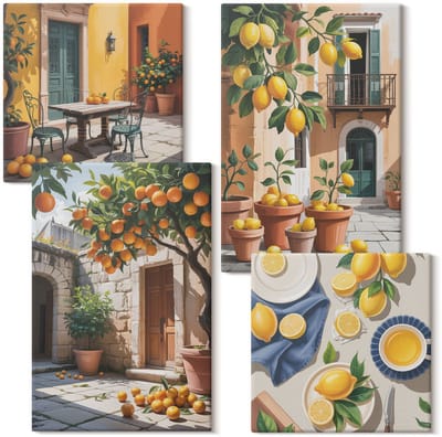 Wallfluent Set van canvas schilderijen - Citrusvruchten in een zonnige tuinomgeving Canvas Schilderijen Set - Set van 4 Canvas Schilderijen - Oranje Set van Canvas Prints - Natuur Canvas Kunst Set - Boheemse Canvas Kunst Set