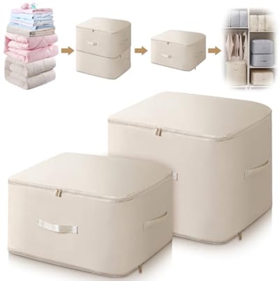 Ruimtebesparende comprimerende organizer voor dekbedden en kledingopslag - Opbergtas (beige, L + XL)