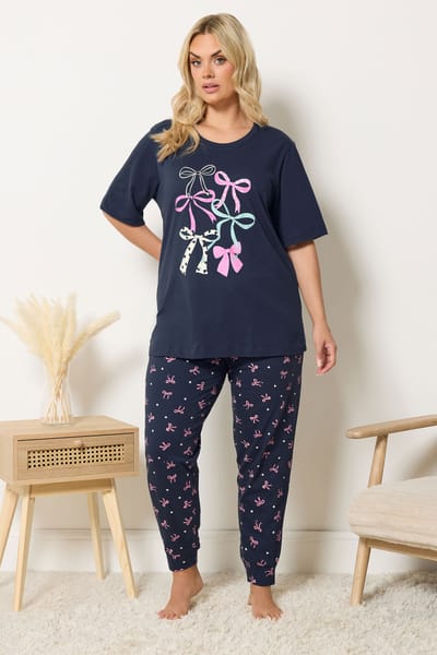 Yours Marineblauwe Pyjamaset Met Strikprint Size 40-42
