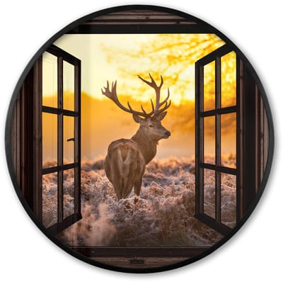 Poster in lijst Rond - Fotolijst 60x60 cm - Posters - Hert - Herfst - Dieren - Natuur - Bos - Doorkijk - Ronde posterlijst zwart - Decoratie - Wanddecoratie woonkamer - Muurdecoratie slaapkamer