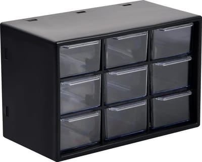 Opbergdoos met 9 schuifladen - kunststof - sorteerdoos - 18 x 12 x 10 cm - magazijn - kleine onderdelen - sieraden - gereedschap - schroeven - wandmontage - wit sorteerkast