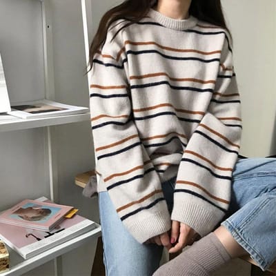 Dames Herfstmode Ronde Hals Lange Mouw Gestreepte Gebreide Trui S