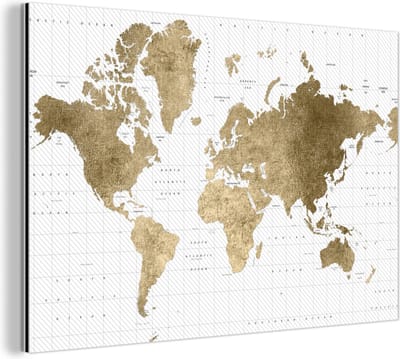 Wanddecoratie Metaal - Aluminium Schilderij Industrieel - Wereldkaart - Goud - Glitter - 120x80 cm - Dibond - Foto op aluminium - Industriële muurdecoratie - Voor de woonkamer/slaapkamer