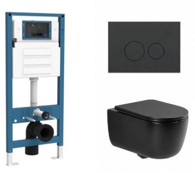 QeramiQ Dely Swirl Toiletset - inbouwreservoir Qeramiq Flush - slim zitting - kunststof mat antraciete bedieningsplaat - ronde knoppen - mat zwart