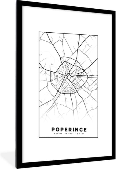 Fotolijst incl. Poster Zwart Wit- België – Poperinge – Stadskaart – Kaart – Zwart Wit – Plattegrond - 60x90 cm - Posterlijst