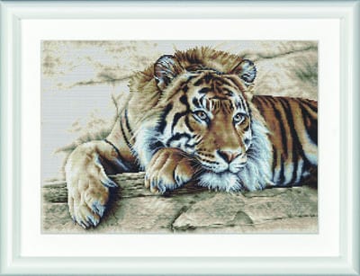 Thea Gouverneur - Borduurpakket met telpatroon - 579A - Voorgesorteerde DMC Garens - Tijger - Aida - 45 cm x 35 cm - DIY Kit