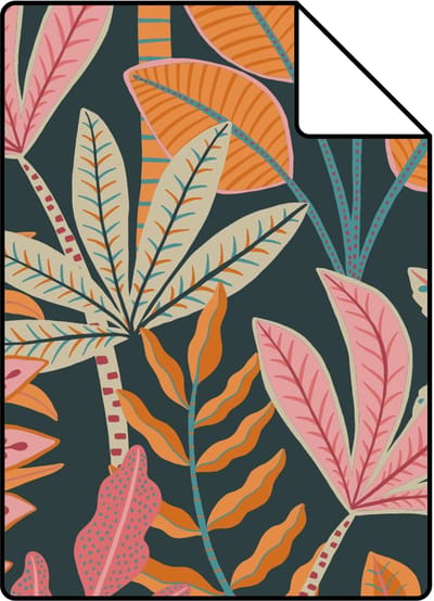 Proefstaal ESTAhome behang bladeren oranje, roze en donkerblauw - 26.5 x 21 cm - 130993-S