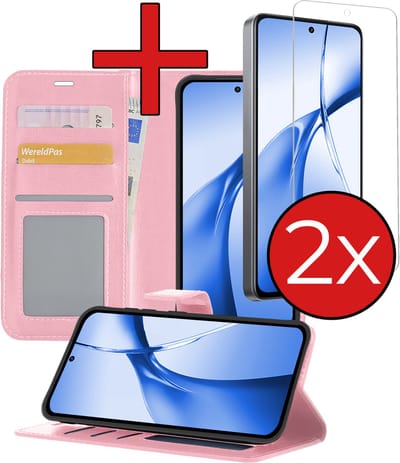 Hoesje - Met 2x Screenprotector - Geschikt voor OnePlus Nord CE4 - Luxe Pasjeshouder - Flip Case - Bookcase Portemonee - Kunstleer Book Case - Flipcase Hoes - Book Cover - Walletcase - Portemonneehoes - Telefoonhoes - Lichtroze