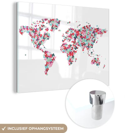 ® Glasschilderij 160x120 cm - Schilderij acrylglas - Wereldkaart - Vlinders - Kleuren - Foto op glas - Muurdecoratie woonkamer - Wanddecoratie slaapkamer - Schilderijen