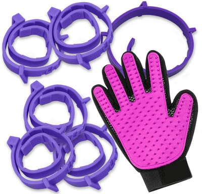 Halsband met geurolie Hond 6 stuks + borstelhandschoen | Universele halsband | Anti parasiet - vlooien | Geschikt voor alle Honden | Lengte band 58 centimeter, kleur paars