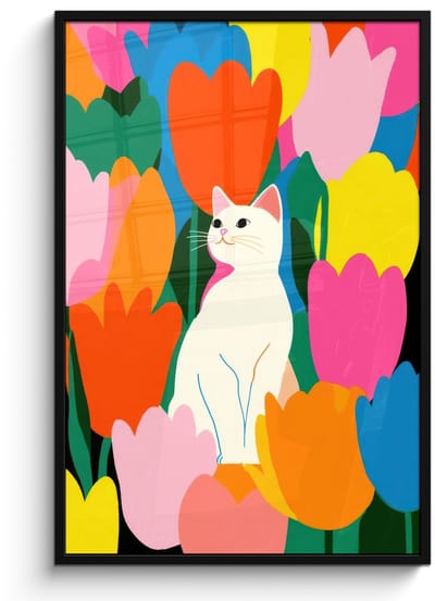 Poster in lijst - Fotolijst 80x120 cm - Posters - Tulpen - Kat - Kleurrijk - Posterlijst zwart - Decoratie - Wanddecoratie woonkamer - Muurdecoratie slaapkamer