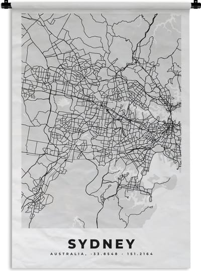 Wandkleed - Wanddoek - Sydney - Stadskaart - Plattegrond - Zwart Wit - Kaart - 120x180 cm - Wandtapijt