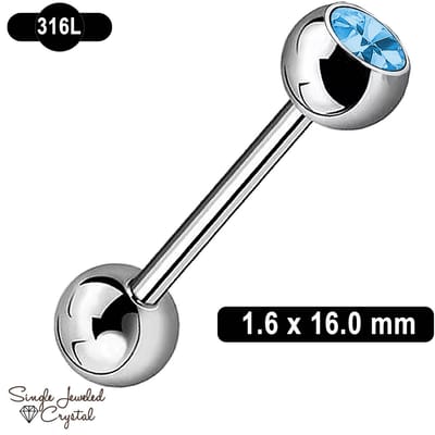 Tongpiercing - 1.6 x 16 mm - 316L Chirurgisch Staal - Barbell - Kristal - Aqua -Licht Blauw