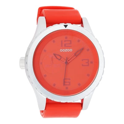 OOZOO Timepieces - Zilverkleurige horloge met rode rubber band - C3670