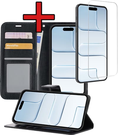 Hoesje - Met Screenprotector - Geschikt voor Apple iPhone Air - Luxe Pasjeshouder - Flipcase - Bookcase Portemonee - Flip Case - Kunstleer Book Case - Book Cover - Walletcase - Portemonneehoes - Telefoonhoes - Zwart
