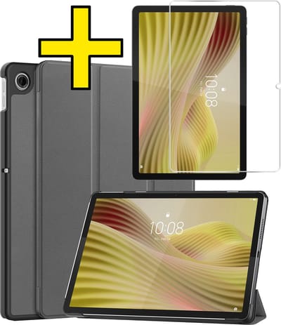 Hoes - Geschikt voor Lenovo Tab 10.1 inch - Met Screenprotector - Trifold Bookcase - Hard Cover - Hardcover Book Case - Tablet Hoesje - Grijs