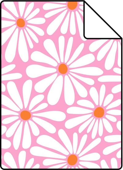 Proefstaal ESTAhome behang madeliefjes roze, wit en oranje - 26.5 x 21 cm - 131814-S