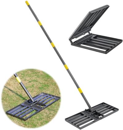OmGoods - Dailygoody - Gazonhark - Opvouwbaar - Robuuste bodem - Zwart metaal - Gazonplanner - Geschikt voor tuin en golf - 183 cm