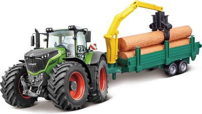 Bburago Fendt 1000 VARIO TRACTOR + TREE FORWARDER 10 CM groen/rood