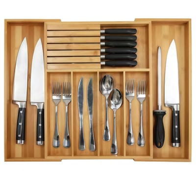 Uitschuifbare besteklade - bestekbak - Lade Organizer - Keukenlade - Met messenhouder - Multifunctionele opbergdoos - 32,5–52 cm - Bamboe - Natuurlijke houtkleur