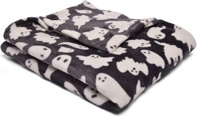 Famanu – Fleecedeck voor Halloween met griezelige geesten (120 x 150 cm) in grijs, omkeerbaar en leuk