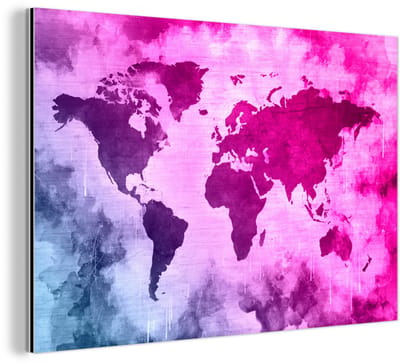 Aluminium schilderij 180x120 cm - Wanddecoratie metaal - Wereldkaart - Blauw - Roze - Metalen muurdecoratie woonkamer - Decoratie industrieel - Foto op dibond - Industriële accessoires slaapkamer