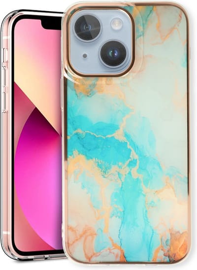Casemania Hoesje Geschikt voor Apple iPhone 14 - Aqua - Siliconen Marmer Back Cover