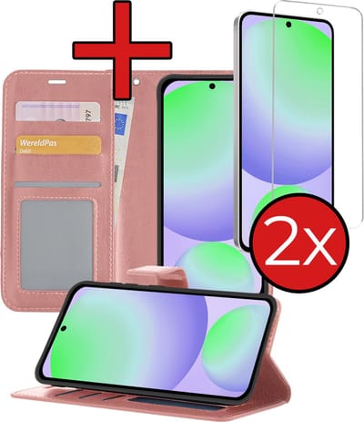 Hoesje - Met 2x Screenprotector - Geschikt voor Samsung Galaxy S24 FE - Luxe Pasjeshouder - Flip Case - Bookcase Portemonee - Kunstleer Book Case - Flipcase Hoes - Book Cover - Walletcase - Portemonneehoes - Telefoonhoes - Rosé goud