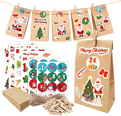 Dailygoods - 24 stuks adventskalender om te vullen, kerstadventskalenderzakjes met etiket, klemmen en touwen voor zoete koekjes, 18 x 9 x 5,5 cm