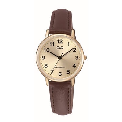 Q&Q C65A-001PY - Horloge - Polshorloge - Analoog - Dames - Vrouwen - Leren band - Rond - Metaal - Cijfers - Bruin - Goudkleurig