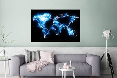 Aluminium schilderij 120x80 cm - Wanddecoratie metaal - Wereldkaart - Blauw - Zwart - Metalen muurdecoratie woonkamer - Decoratie industrieel - Foto op dibond - Industriële accessoires slaapkamer