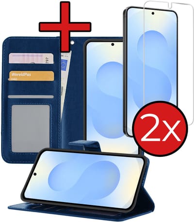 Hoesje - Met 2x Screenprotector - Geschikt voor Samsung Galaxy S25 Edge - Luxe Pasjeshouder - Flip Case - Bookcase Portemonee - Kunstleer Book Case - Flipcase Hoes - Book Cover - Walletcase - Portemonneehoes - Telefoonhoes - Donkerblauw