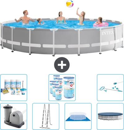 Intex Rond Prism Frame Zwembad - 610 x 132 cm - Grijs - Inclusief Pomp - Ladder - Grondzeil - Afdekzeil Onderhoudspakket - Filters - Schoonmaakset