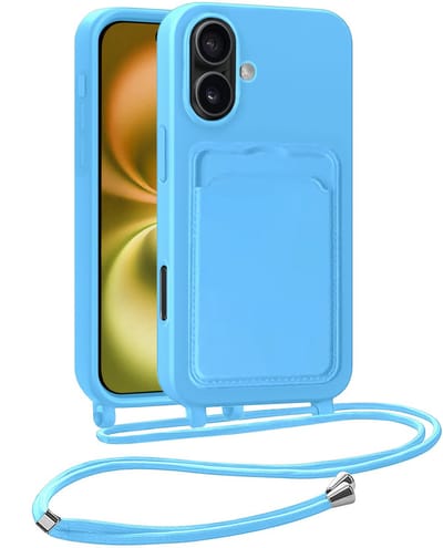 Hoesje Geschikt voor iPhone 16 Plus Telefoonhoesje Met Koord Case Pashouder Siliconen - Hoes Geschikt voor iPhone 16 Plus Hoesje Met Kaarthouder - Lichtblauw