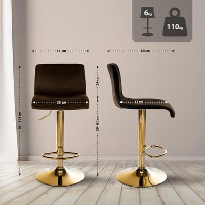 CLP Barkruk Hover - met rugleuning - verstelbaar - draaibar - metalen frame - fluweel - goud/bruin
