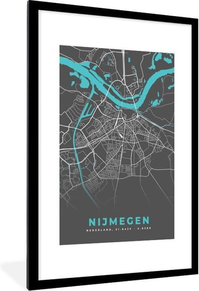 Fotolijst incl. Poster - Stadskaart - Nijmegen - Grijs - Blauw - 80x120 cm - Posterlijst - Plattegrond