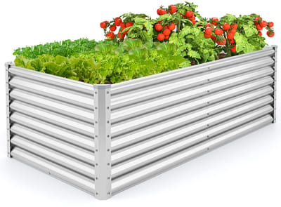 COSTWAY Plantenbak van metaal, 180 x 95 x 60 cm, rechthoekig broeibed met versterkte stangen en open bodem, voor groenten, bloemen, kruiden (zilver)
