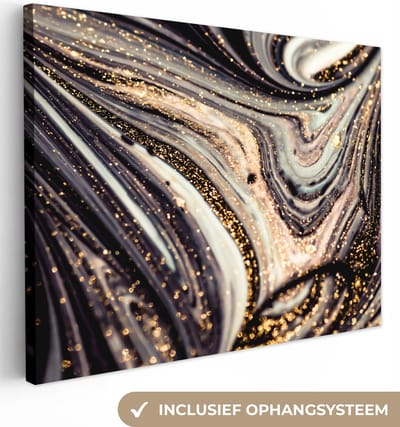 Canvas schilderij 40x30 cm - Wanddecoratie Marmerlook - Zwart - Goud - Wit - Glitter - Marmer - Muurdecoratie woonkamer - Slaapkamer decoratie - Kamer accessoires - Schilderijen op canvas
